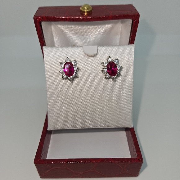 Simulated Ruby Red/White Oval Stud Earrings - Picture 11 of 12